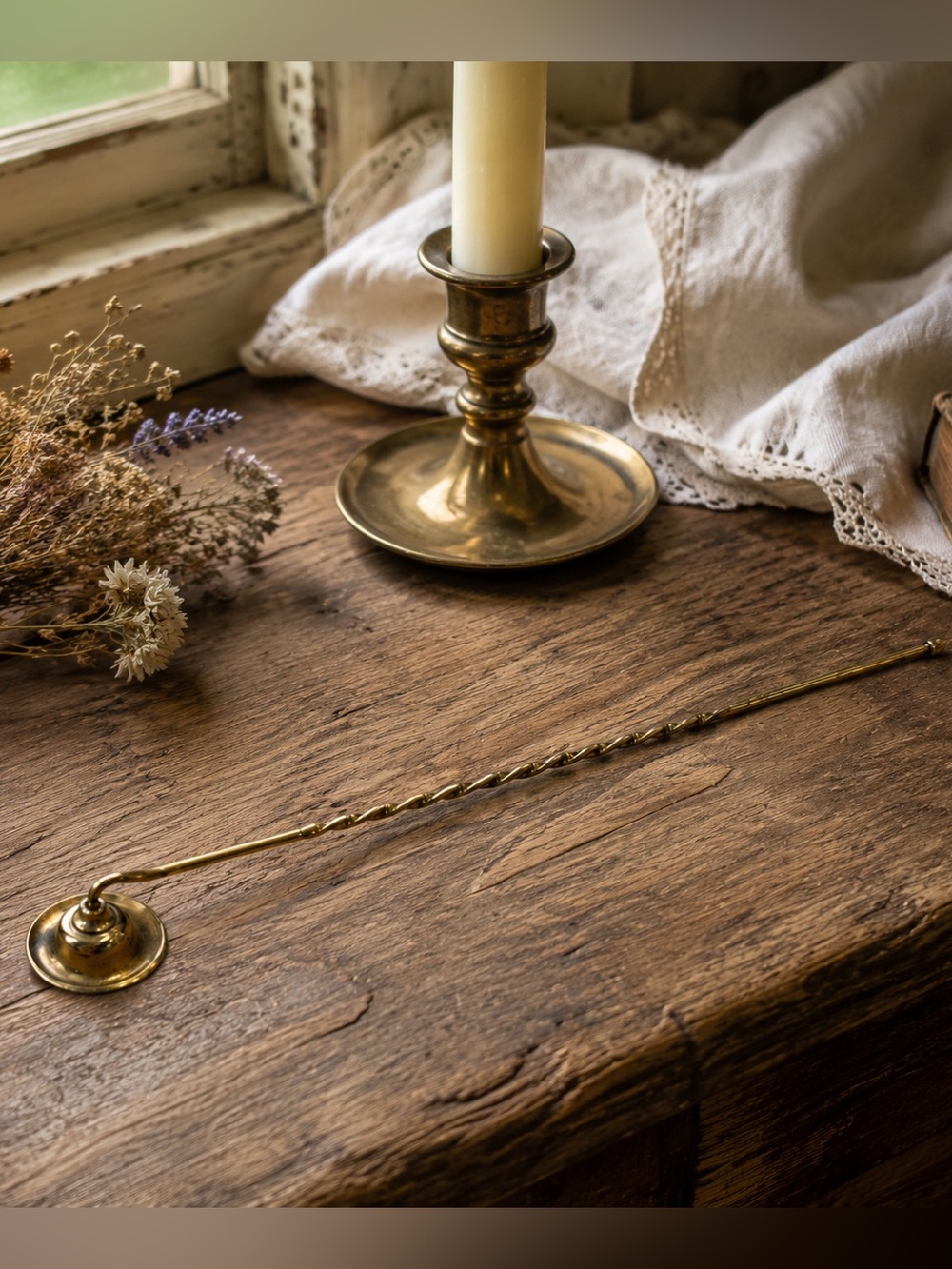 Vintage Brass Candle Snuffer Long Twisted Handle 12 Inch Fireplace Cottage Decor